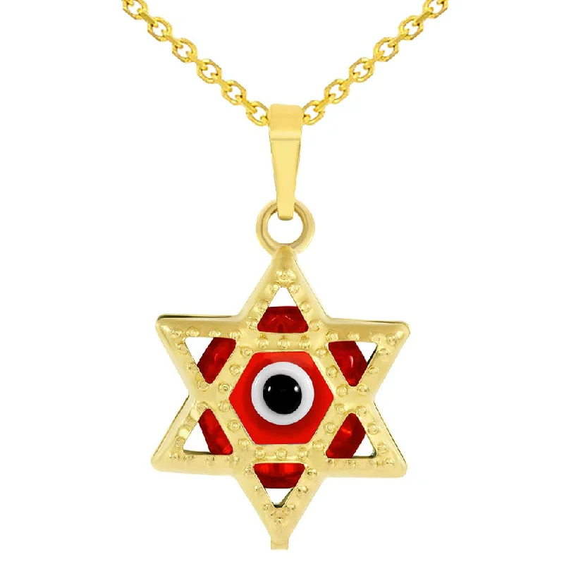 14k Gold Small Red Evil Eye Star of David Charm Pendant Necklace - Yellow Gold