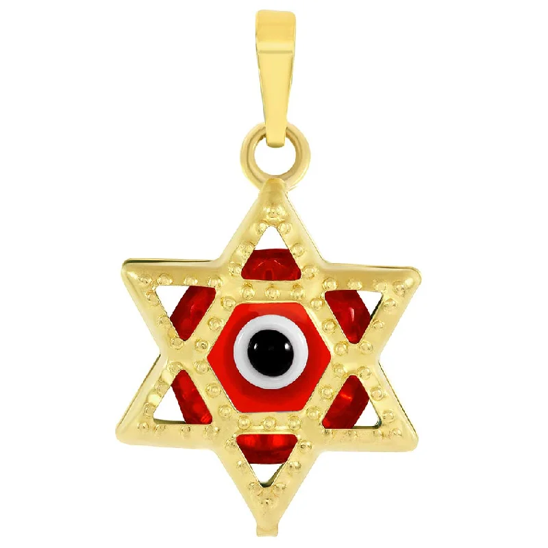 14k Gold Small Red Evil Eye Star of David Charm Pendant - Yellow Gold