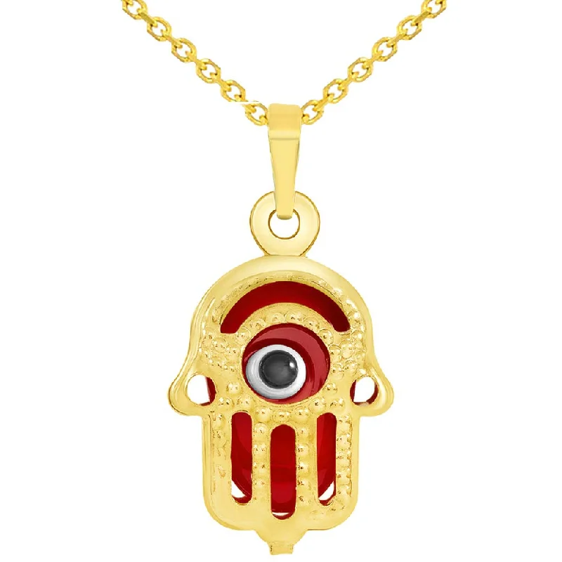 14k Gold Small Red Hamsa Hand Charm Pendant Necklace - Yellow Gold