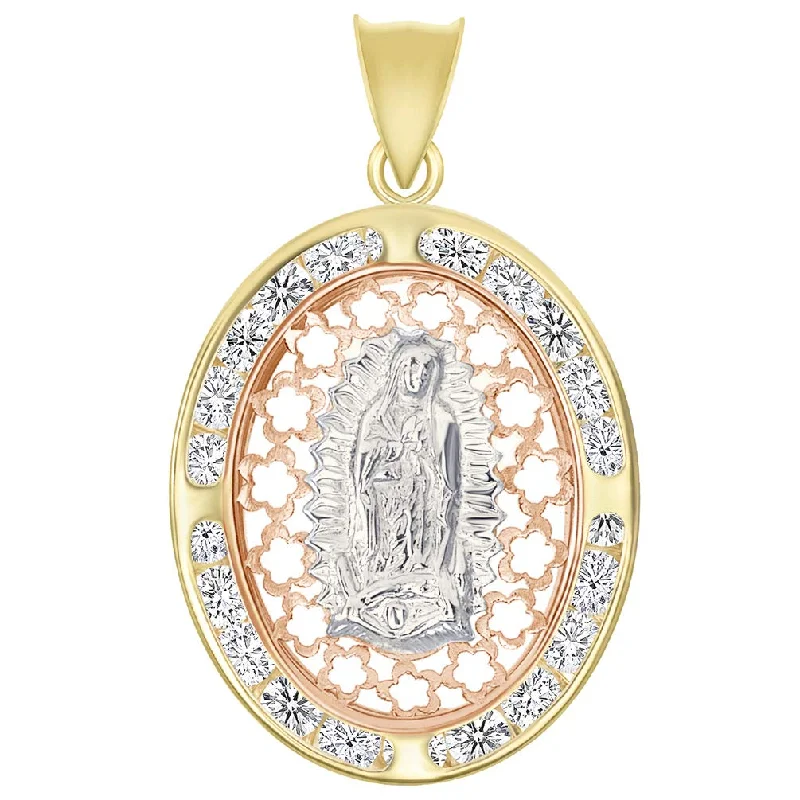 14k Tri-Color Gold CZ Our Lady of Guadalupe Floral Miraculous Medallion Pendant