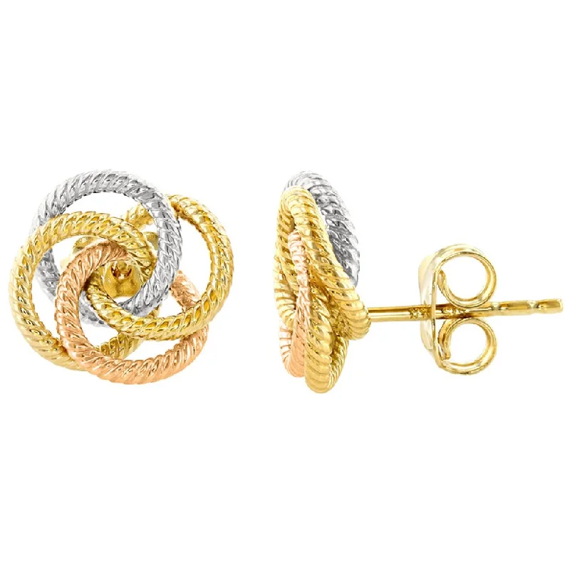 14K Tri-Color Gold Twisted Love Knot Stud Eternity Rope Earrings, 10mm