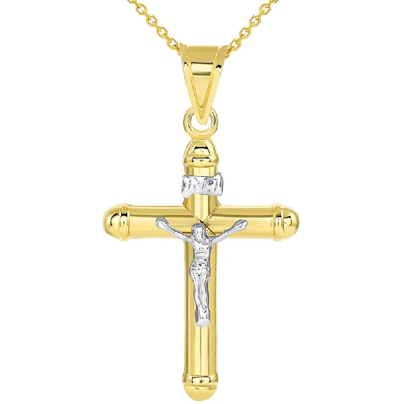 14k Two Tone Gold Rounded Edge Christian INRI Crucifix Tube Cross Pendant Necklace