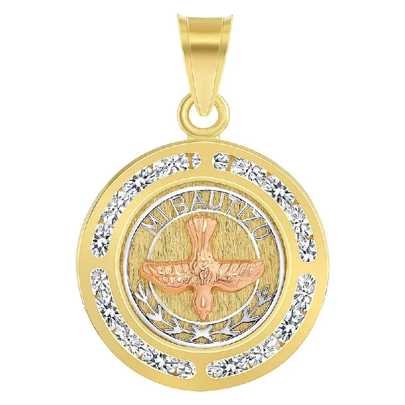 14k Yellow and Rose Gold Cubic-Zirconia Mi Bautizo Holy Spirit Dove Medallion Pendant