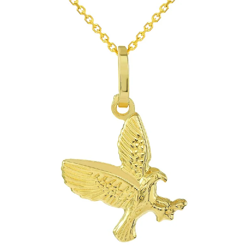 14k Yellow Gold 3-D Small Landing American Bald Eagle Charm Pendant Necklace