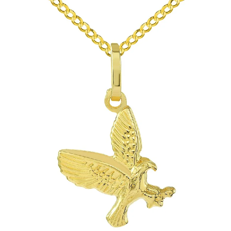 14k Yellow Gold 3-D Small Landing American Bald Eagle Charm Pendant with Curb Chain Necklace