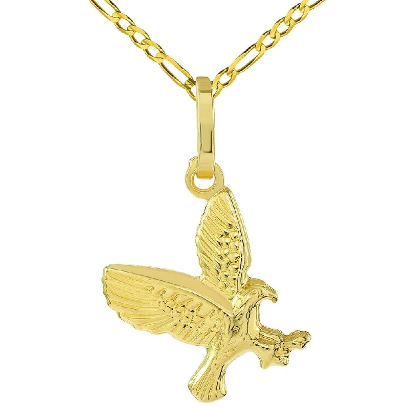 14k Yellow Gold 3-D Small Landing American Bald Eagle Charm Pendant with Figaro Chain Necklace