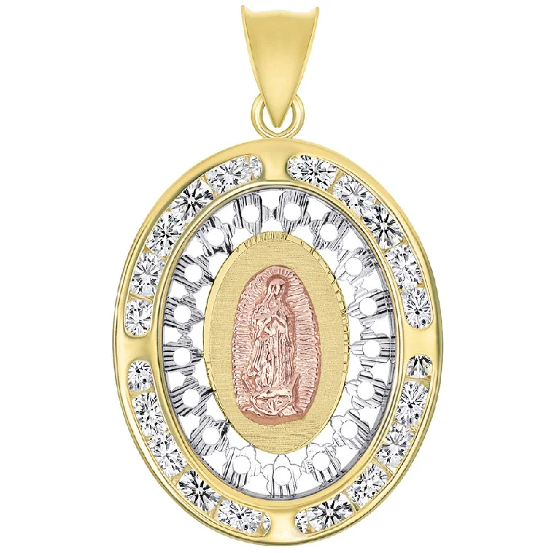 14k Yellow Gold and Rose Gold CZ Oval Our Lady of Guadalupe Miraculous Medallion Pendant