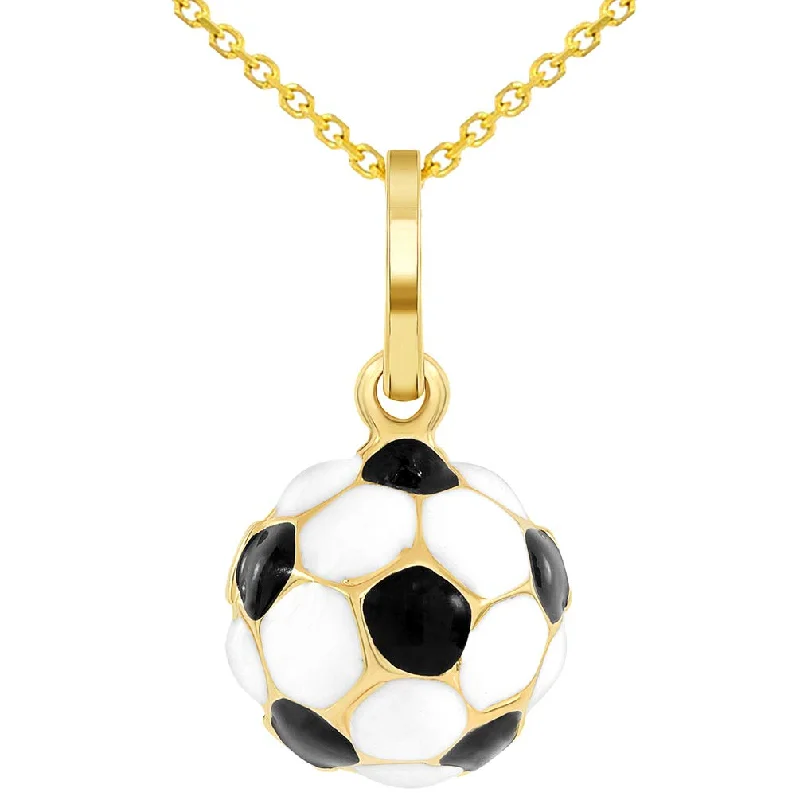 14k Yellow Gold Black and White Enameled 3D Classic Soccer Ball Charm Pendant Necklace