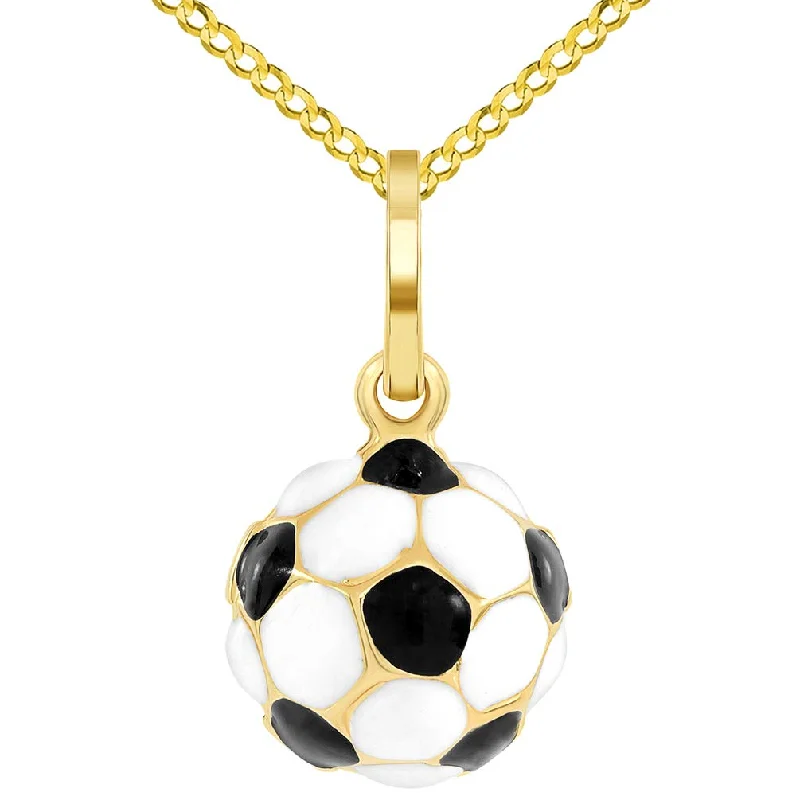 14k Yellow Gold Black and White Enameled 3D Classic Soccer Ball Charm Pendant with Curb Chain Necklace