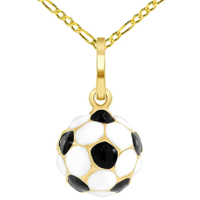 14k Yellow Gold Black and White Enameled 3D Classic Soccer Ball Charm Pendant with Figaro Chain Necklace