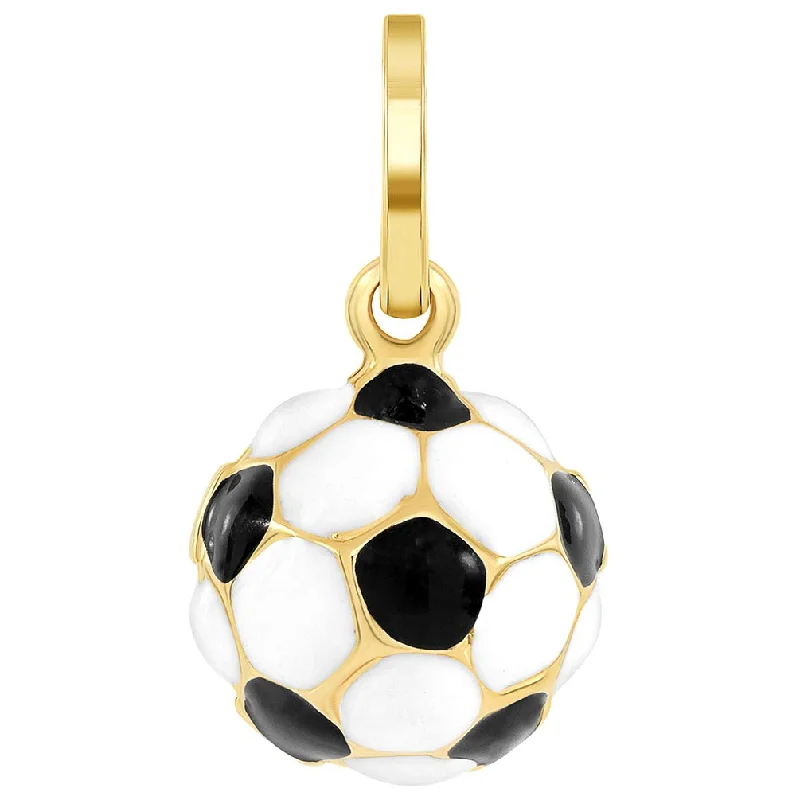 14k Yellow Gold Black and White Enameled 3D Classic Soccer Ball Charm Pendant