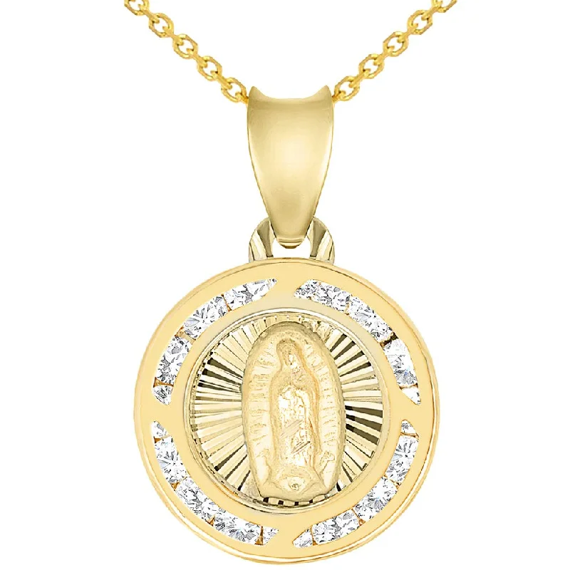 14k Yellow Gold Cubic Zirconia Round Mini Our Lady Of Guadalupe Medal Charm Pendant Necklace