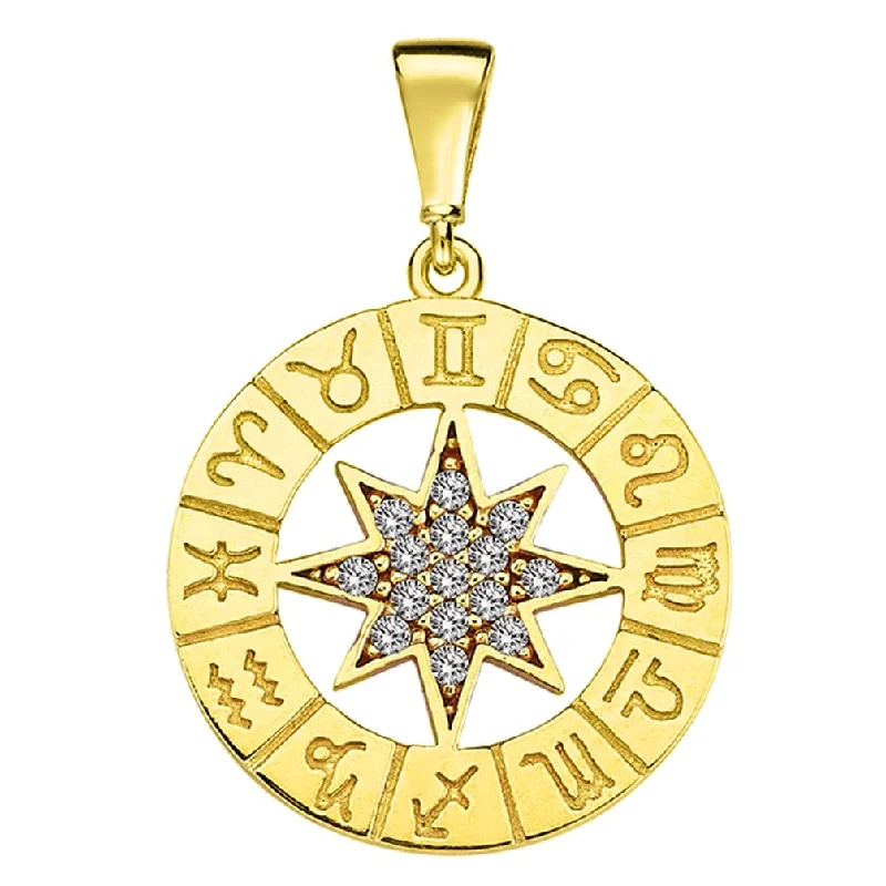 14k Yellow Gold Cubic Zirconia Round Zodiac Compass Calendar Medallion  Pendant