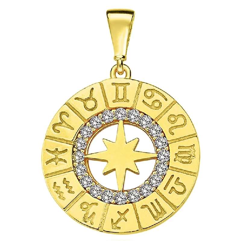 14k Yellow Gold Cubic-Zirconia Round Zodiac Compass Calendar Pendant