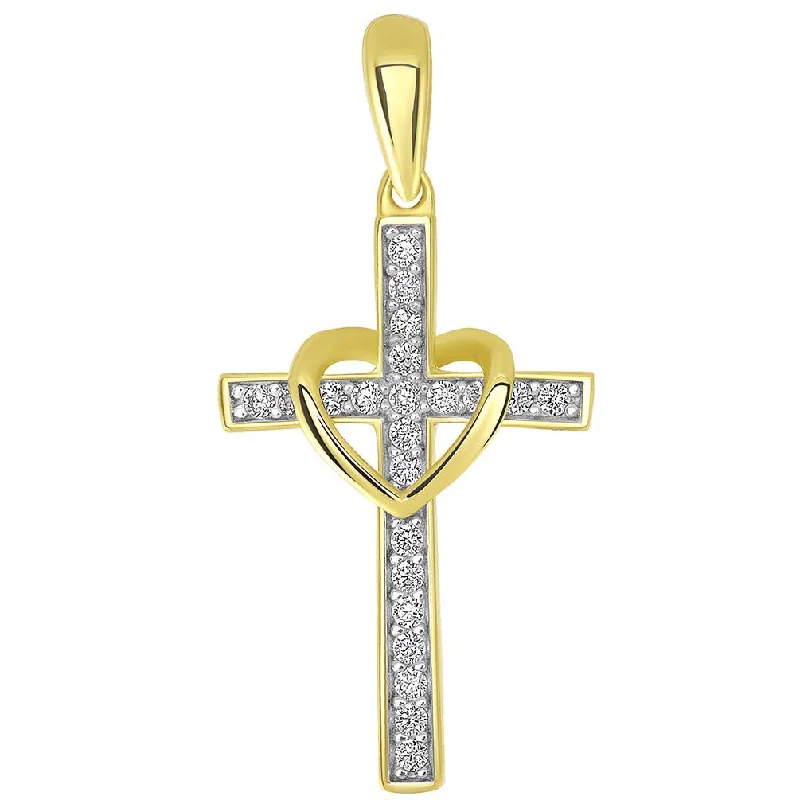 14k Yellow Gold Cubic Zirconia Studded Heart Cross Pendant