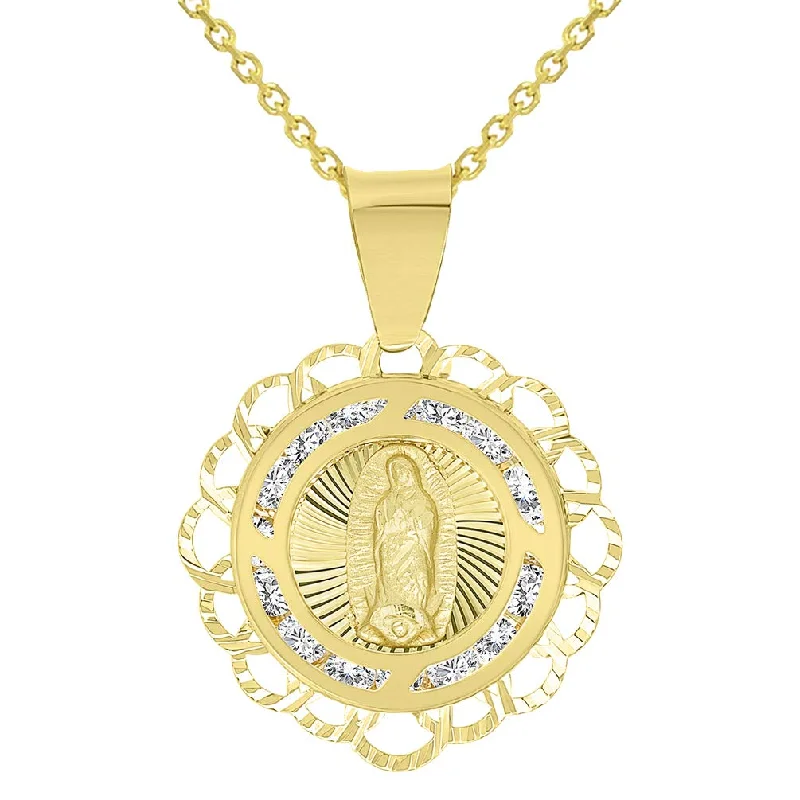 14k Yellow Gold CZ Dainty Our Lady of Guadalupe Miraculous Medallion Charm Pendant Necklace