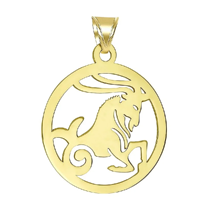 14k Yellow Gold Dainty Round Capricorn Zodiac Sign Goat Cut-Out Disc Pendant