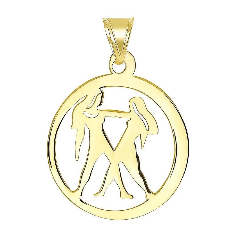 14k Yellow Gold Dainty Round Gemini Twins Zodiac Sign Cut-Out Disc Pendant