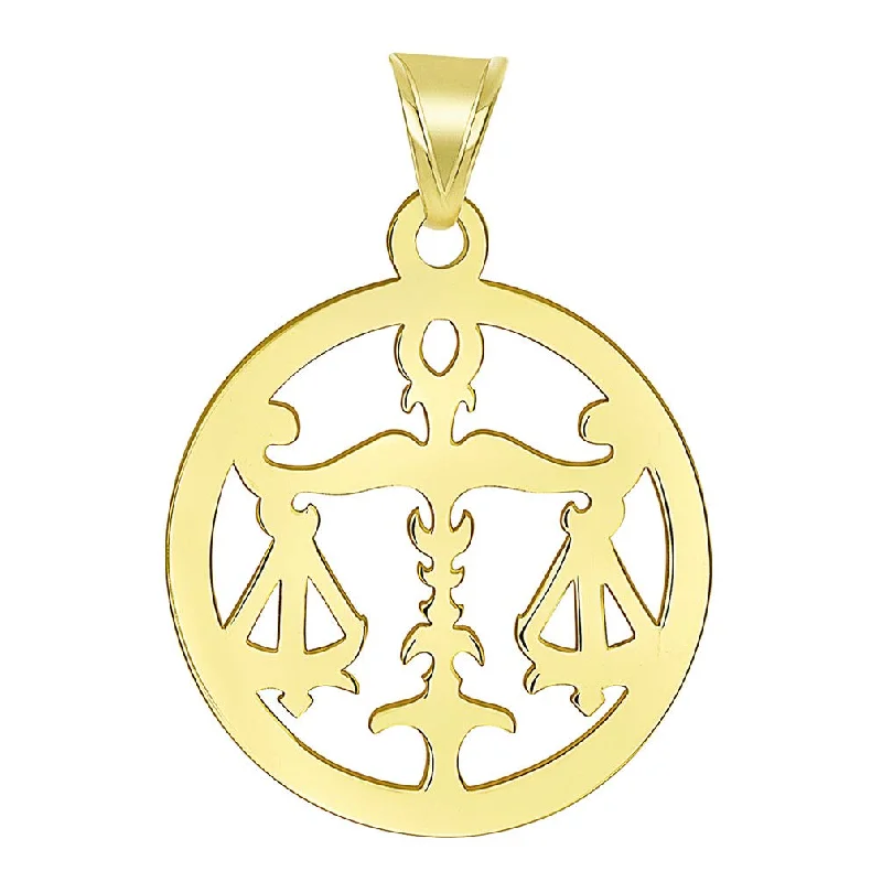 14k Yellow Gold Dainty Round Libra Zodiac Sign Scale Disc Pendant