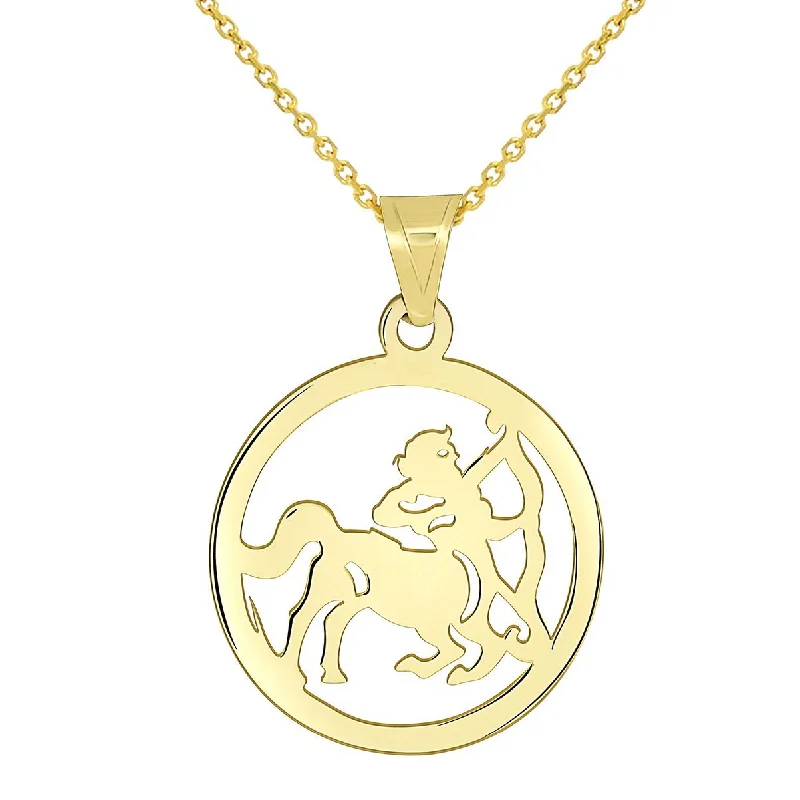 14k Yellow Gold Dainty Round Sagittarius Zodiac Sign Cut-Out Disc Pendant Necklace