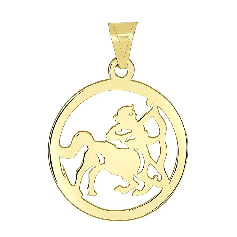 14k Yellow Gold Dainty Round Sagittarius Zodiac Sign Cut-Out Disc Pendant