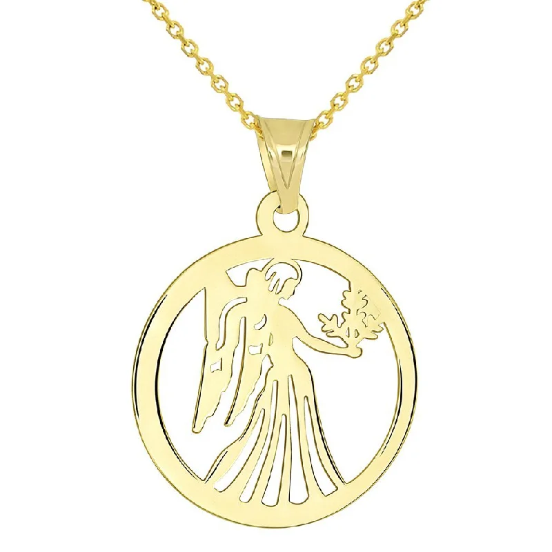 14k Yellow Gold Dainty Round Virgo Holding Wheat Zodiac Sign Cut-Out Disc Pendant Necklace