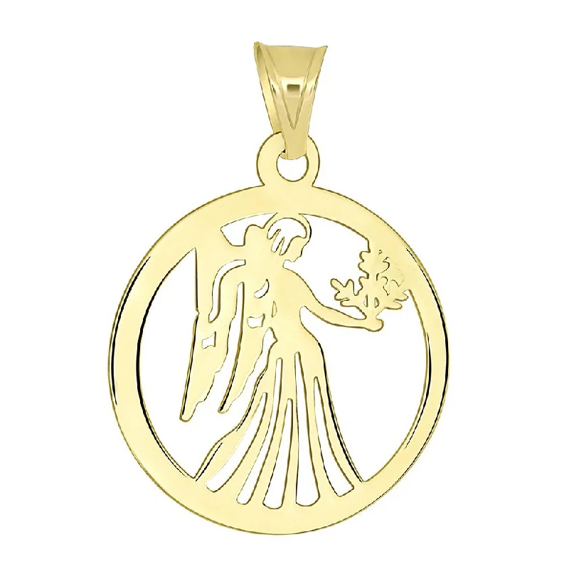 14k Yellow Gold Dainty Round Virgo Holding Wheat Zodiac Sign Cut-Out Disc Pendant