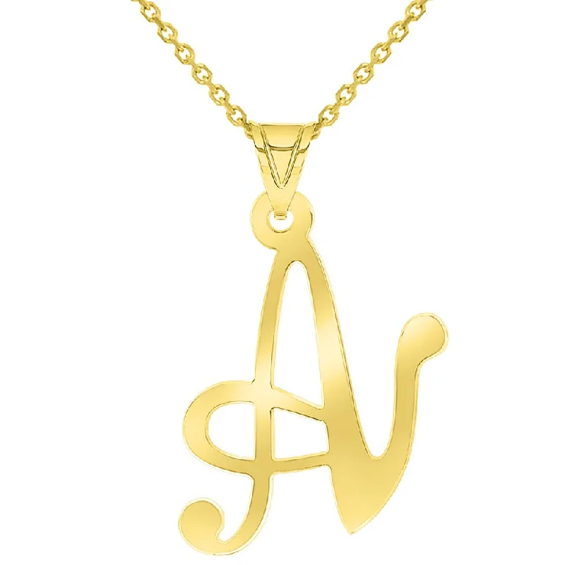 14k Yellow Gold Dainty Uppercase Script Initial A Cursive Letter Pendant Necklace