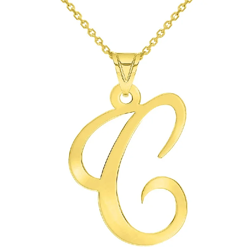 14k Yellow Gold Dainty Uppercase Script Initial C Cursive Letter Pendant Necklace