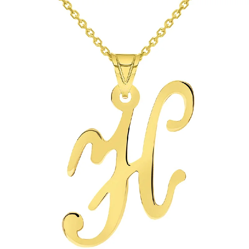 14k Yellow Gold Dainty Uppercase Script Initial H Cursive Letter Pendant Necklace