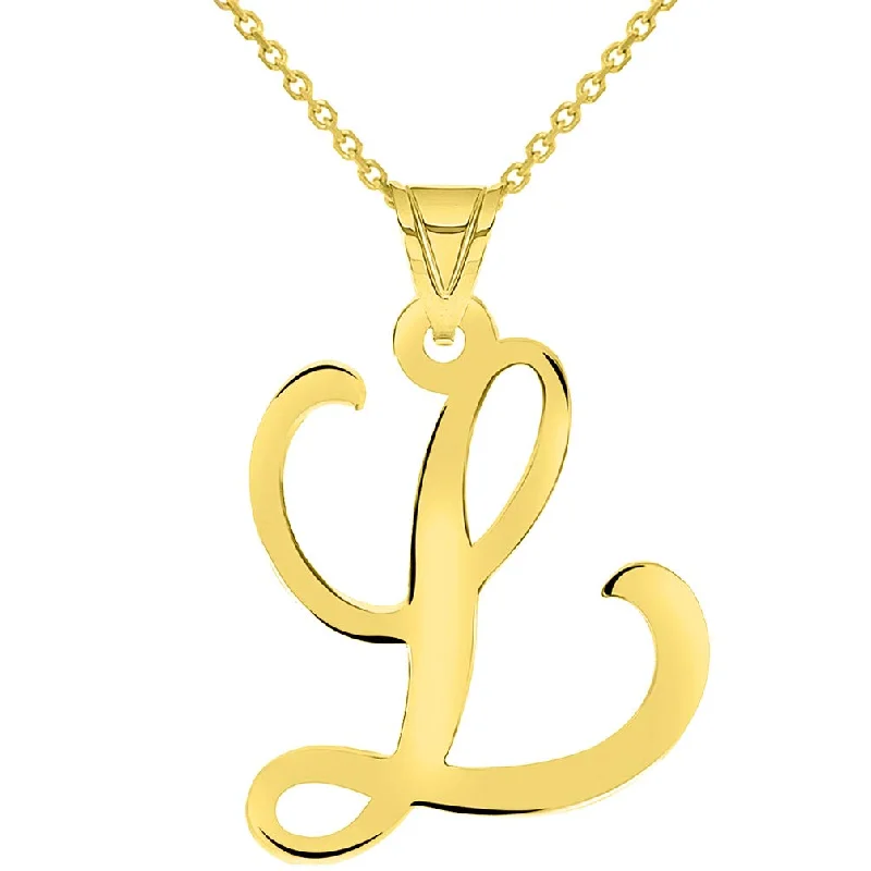 14k Yellow Gold Dainty Uppercase Script Initial L Cursive Letter Pendant Necklace