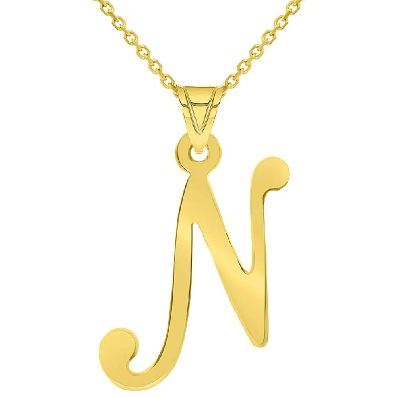 14k Yellow Gold Dainty Uppercase Script Initial N Cursive Letter Pendant Necklace