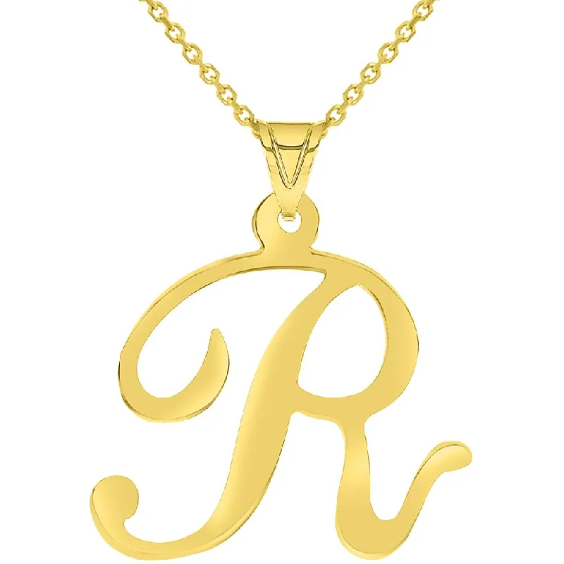 14k Yellow Gold Dainty Uppercase Script Initial R Cursive Letter Pendant Necklace