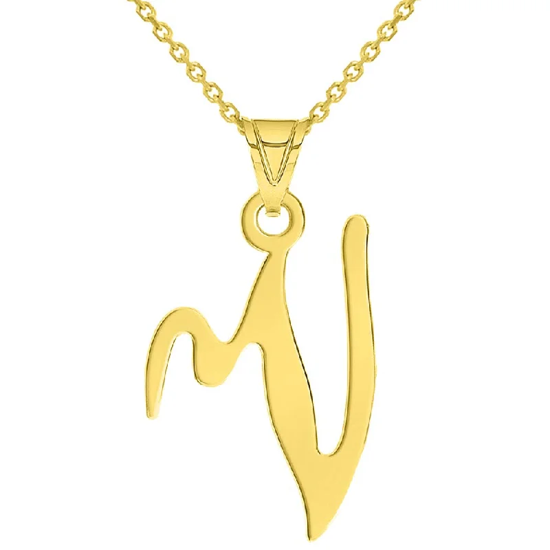 14k Yellow Gold Dainty Uppercase Script Initial V Cursive Letter Pendant Necklace