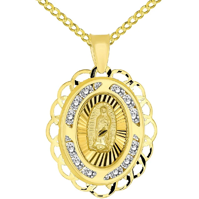 14k Yellow Gold Fancy Our Lady of Guadalupe Mary CZ Studded Oval Medallion Charm Pendant Cuban Necklace