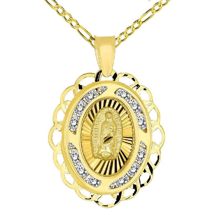 14k Yellow Gold Fancy Our Lady of Guadalupe Mary CZ Studded Oval Medallion Charm Pendant Figaro Necklace