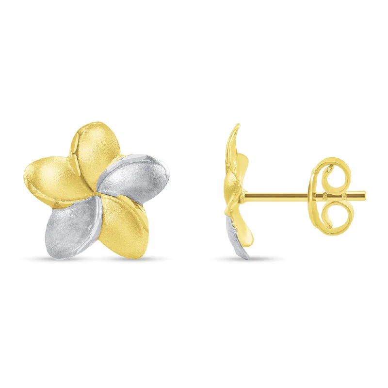 14k Yellow Gold Hawaiian Flower Plumeria Stud Two-Tone Earrings with Screw Back, 10.5mm x 10.5mm