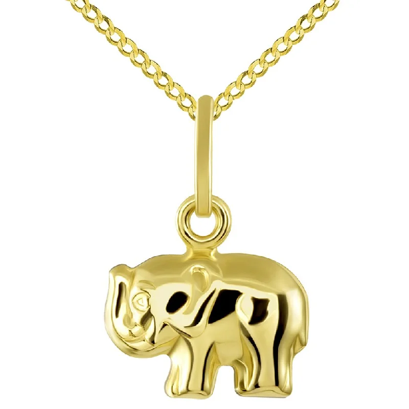 14K Yellow Gold Mini Elephant Charm Feng Shui Symbol Pendant with Cuban Chain Necklace