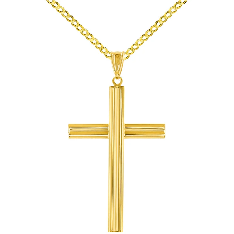 14K Yellow Gold Plain Religious Cross Pendant with Cuban Chain Necklace