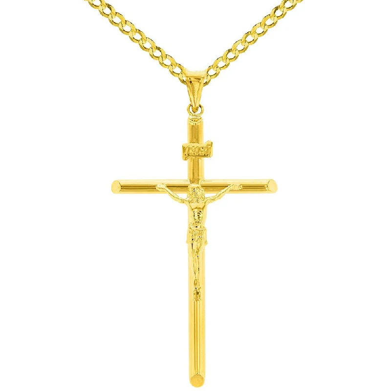 14K Yellow Gold Polished Tubular Cross INRI Crucifix Pendant with Cuban Chain Necklace