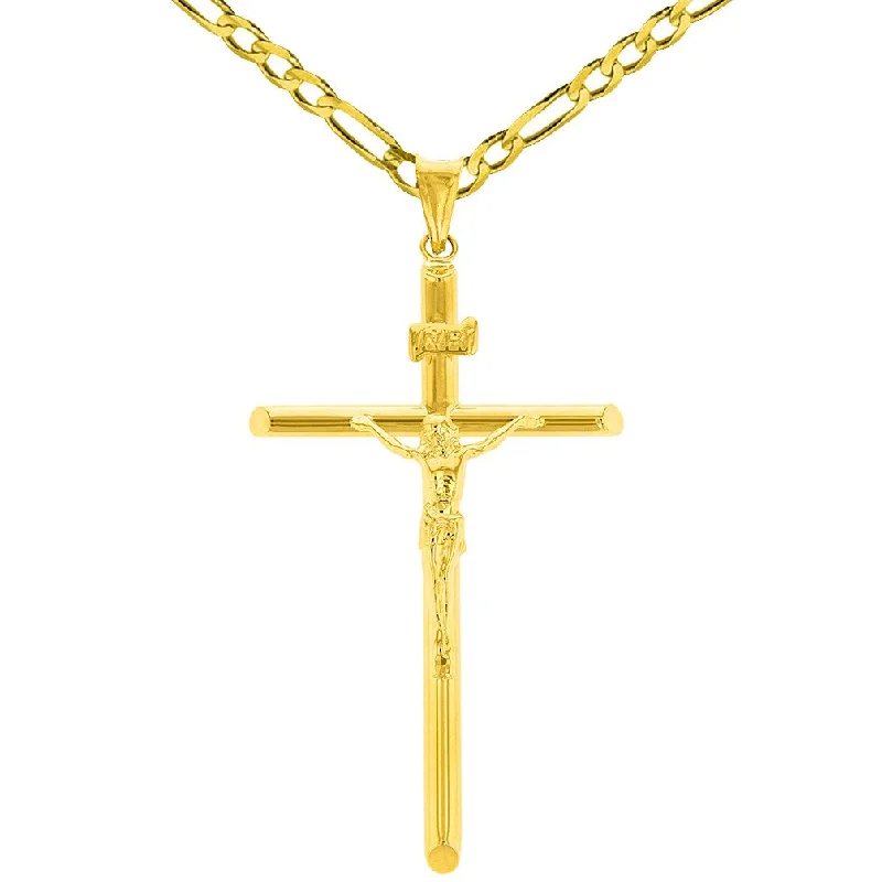 14K Yellow Gold Polished Tubular Cross INRI Crucifix Pendant with Figaro Chain Necklace