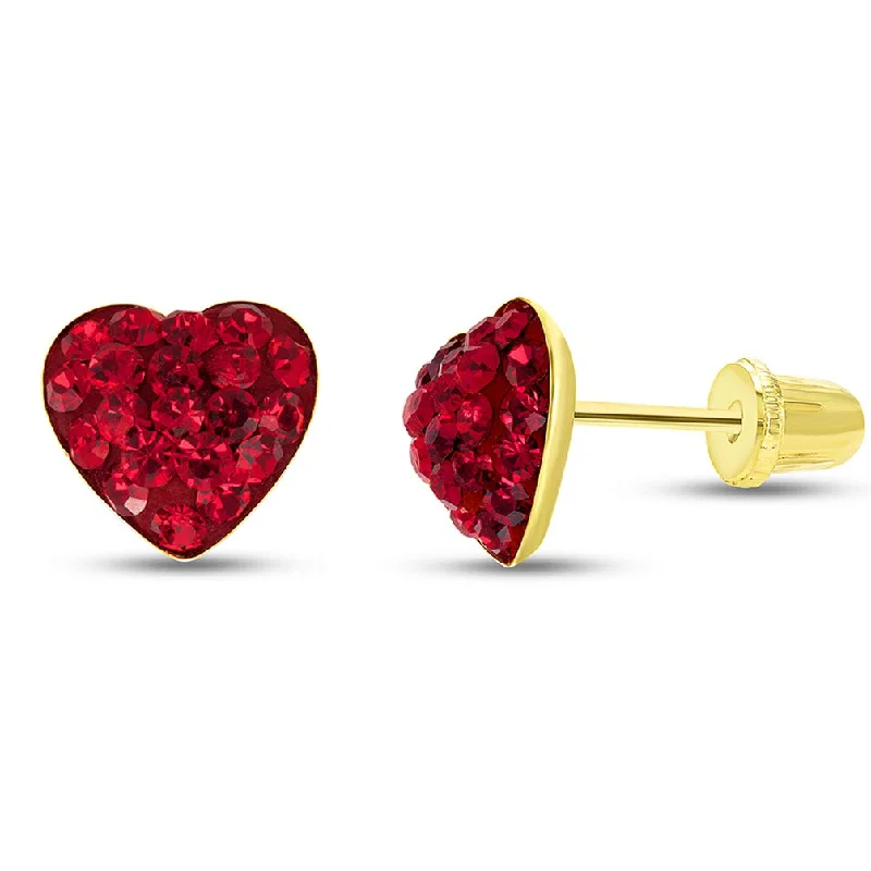 14k Yellow Gold Red CZ Heart Stud Earrings with Screw Back