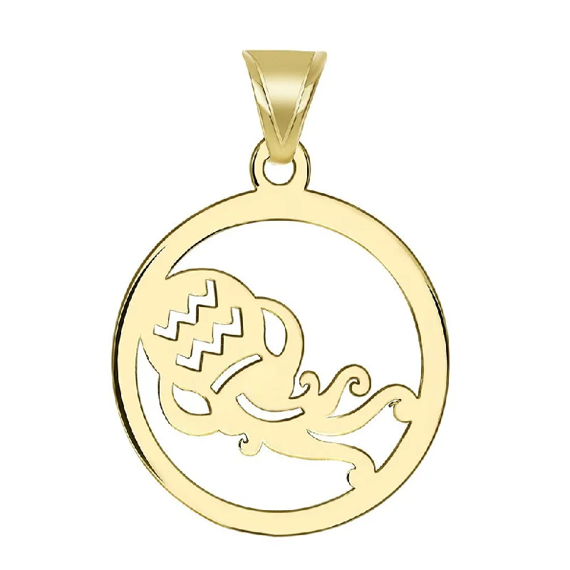 14k Yellow Gold Round Aquarius Zodiac Sign Cut-Out Vase Disc Pendant