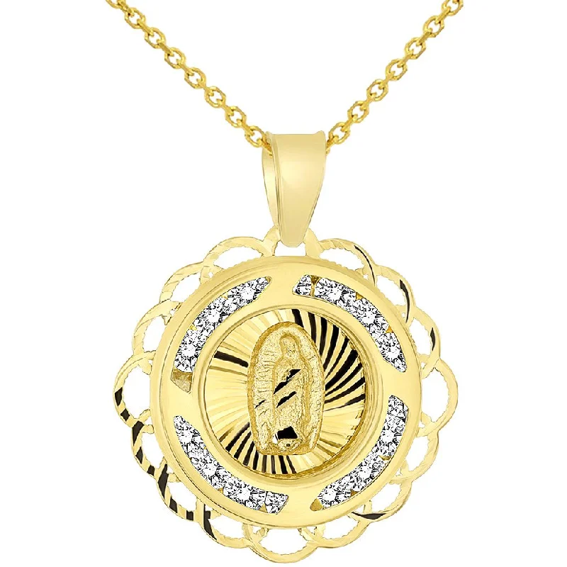 14k Yellow Gold Round CZ Religious Our Lady of Guadalupe Mary Medal Charm Pendant Necklace