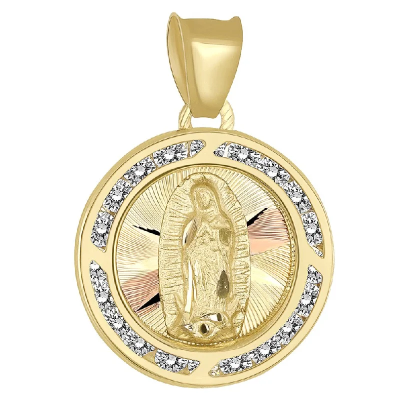 14k Yellow Gold Round Religious Our Lady of Guadalupe Mary Medal Pendant with Cubic Zirconia Gemstones