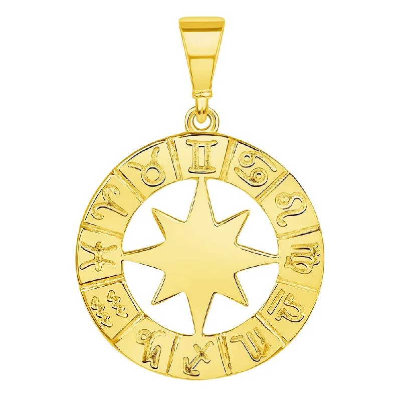 14k Yellow Gold Round Zodiac Star Compass Calendar Pendant