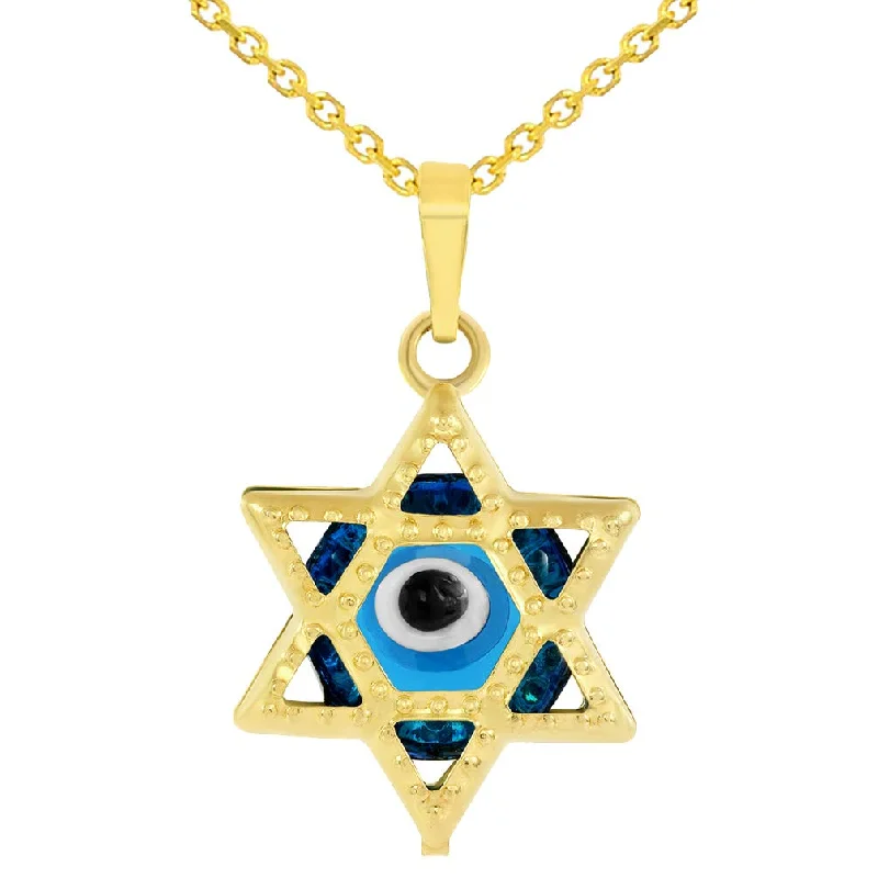 14k Yellow Gold Small Blue Evil Eye Star of David Charm Pendant Necklace