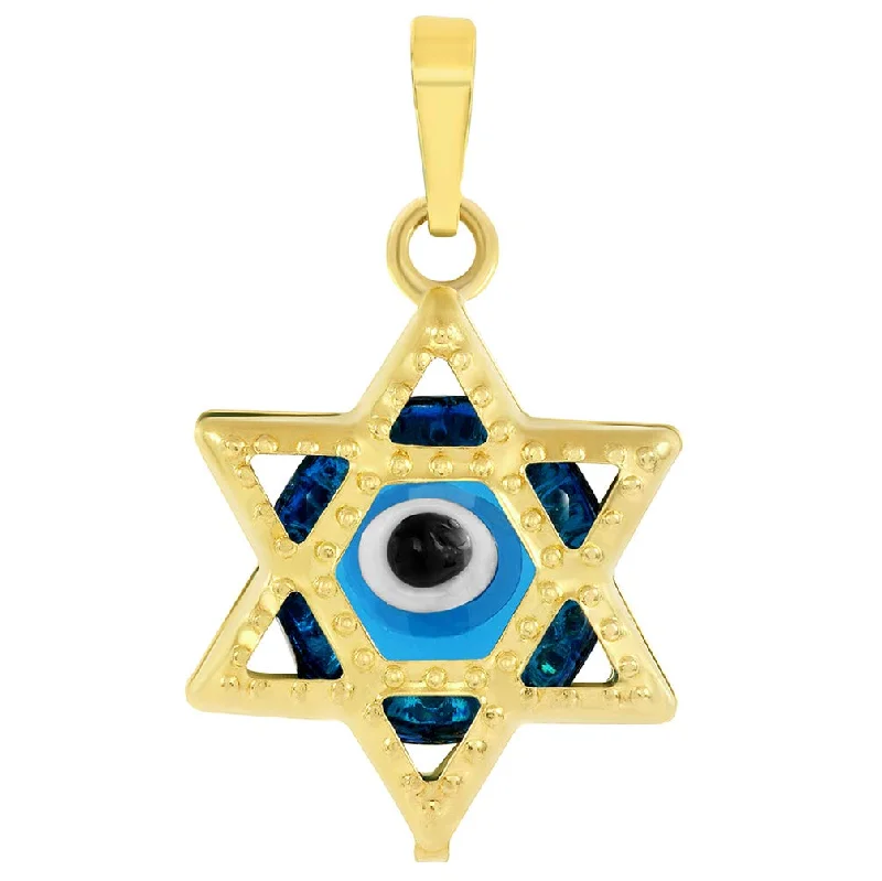 14k Yellow Gold Small Blue Evil Eye Star of David Charm Pendant