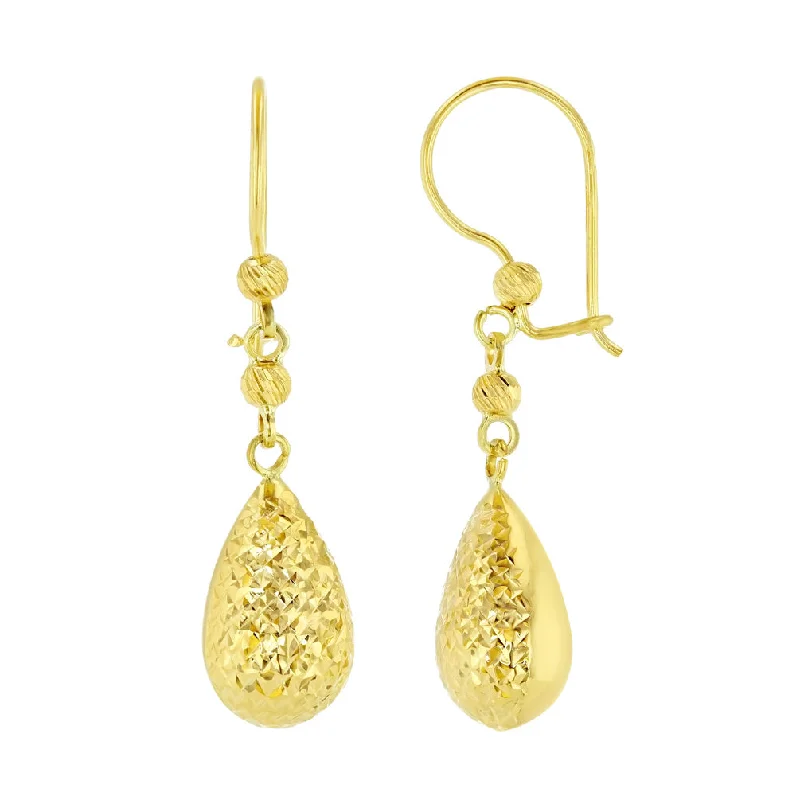 14k Yellow Gold Textured Teardrop Dangle Drop Earrings, 7.2mm