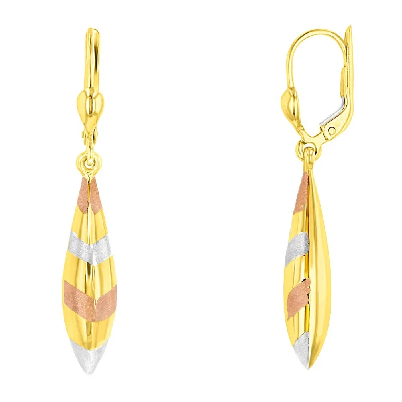 14k Yellow Gold Tri-Color Teardrop Dangle Drop Earrings, 6mm